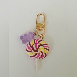 Candy Swirl Lollipop Keychain with Purple Gummy Bear Charm